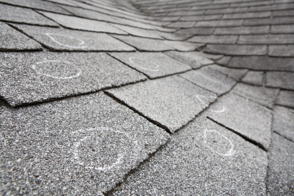 Hail damage marked with chalk circles on asphalt shingles