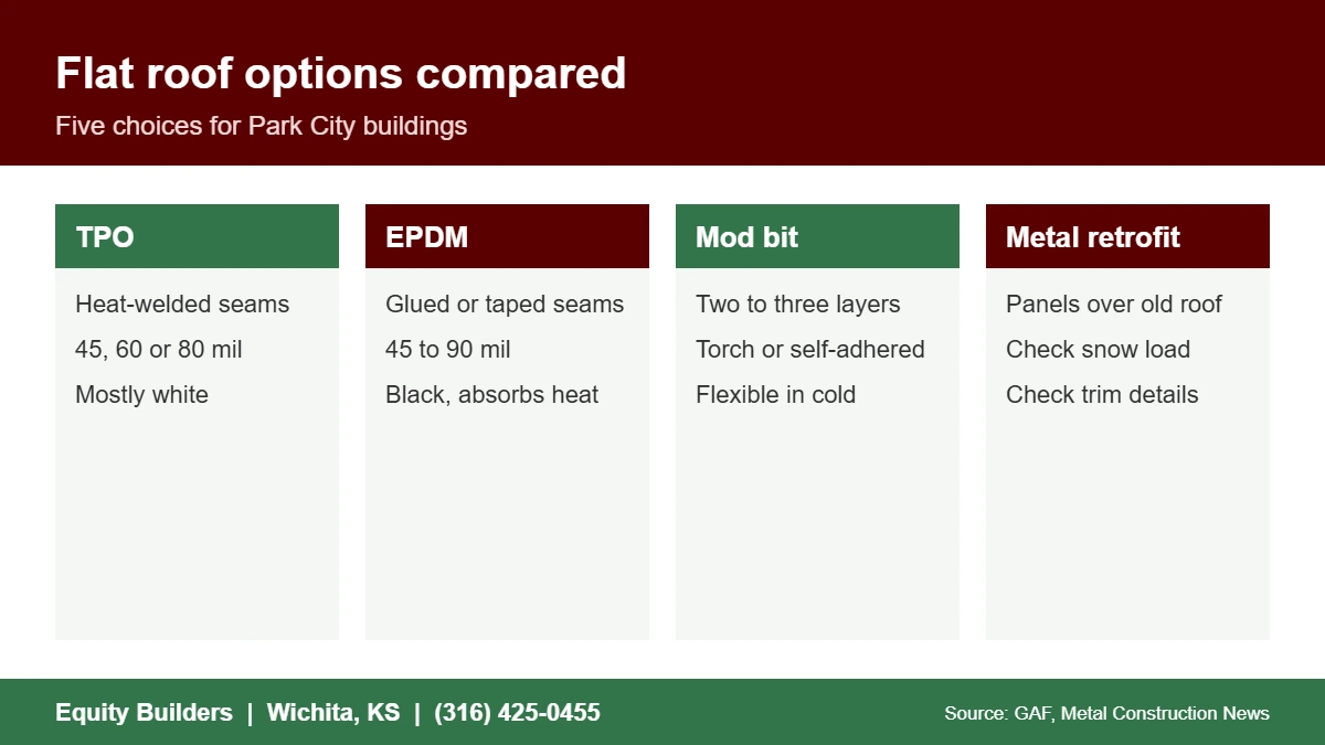 Flat roof options for commercial roofing in Park City compared